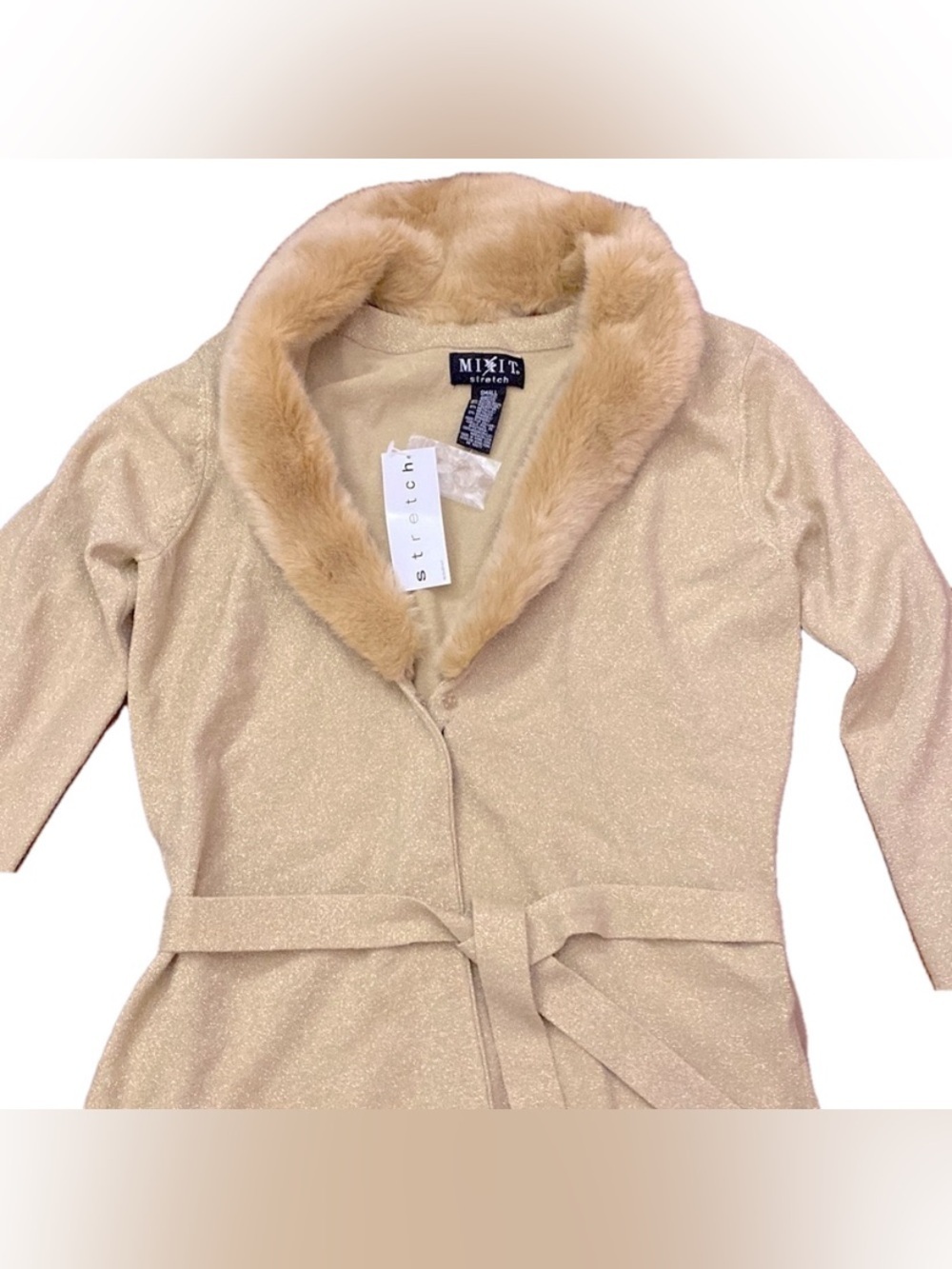 🌷 Mixit 🌷 Gold Sparkle Fur Trim Cardigan Sweater NWT